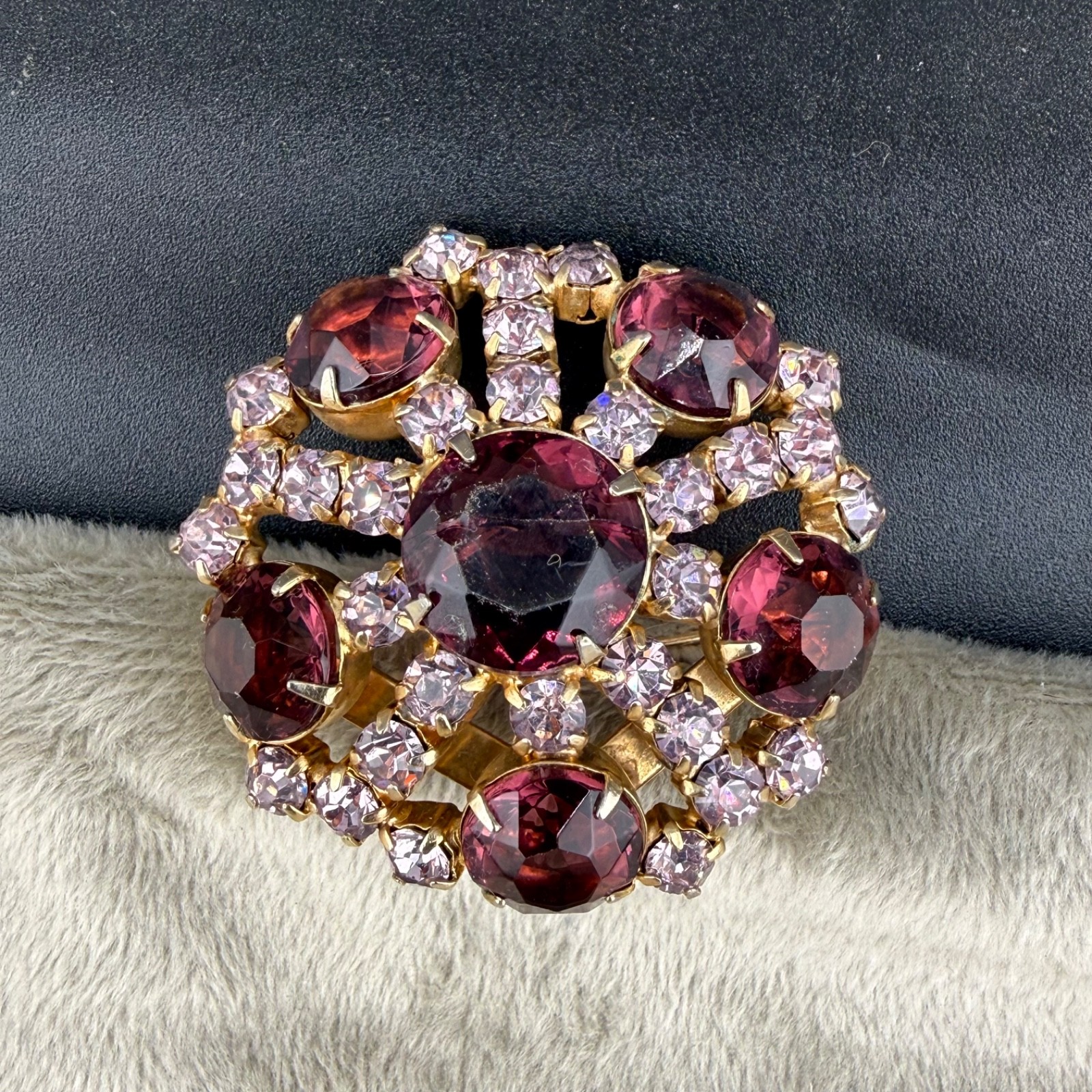 Vintage Purple Rhinestone Brooch Gold Tone Flawless Sparkle