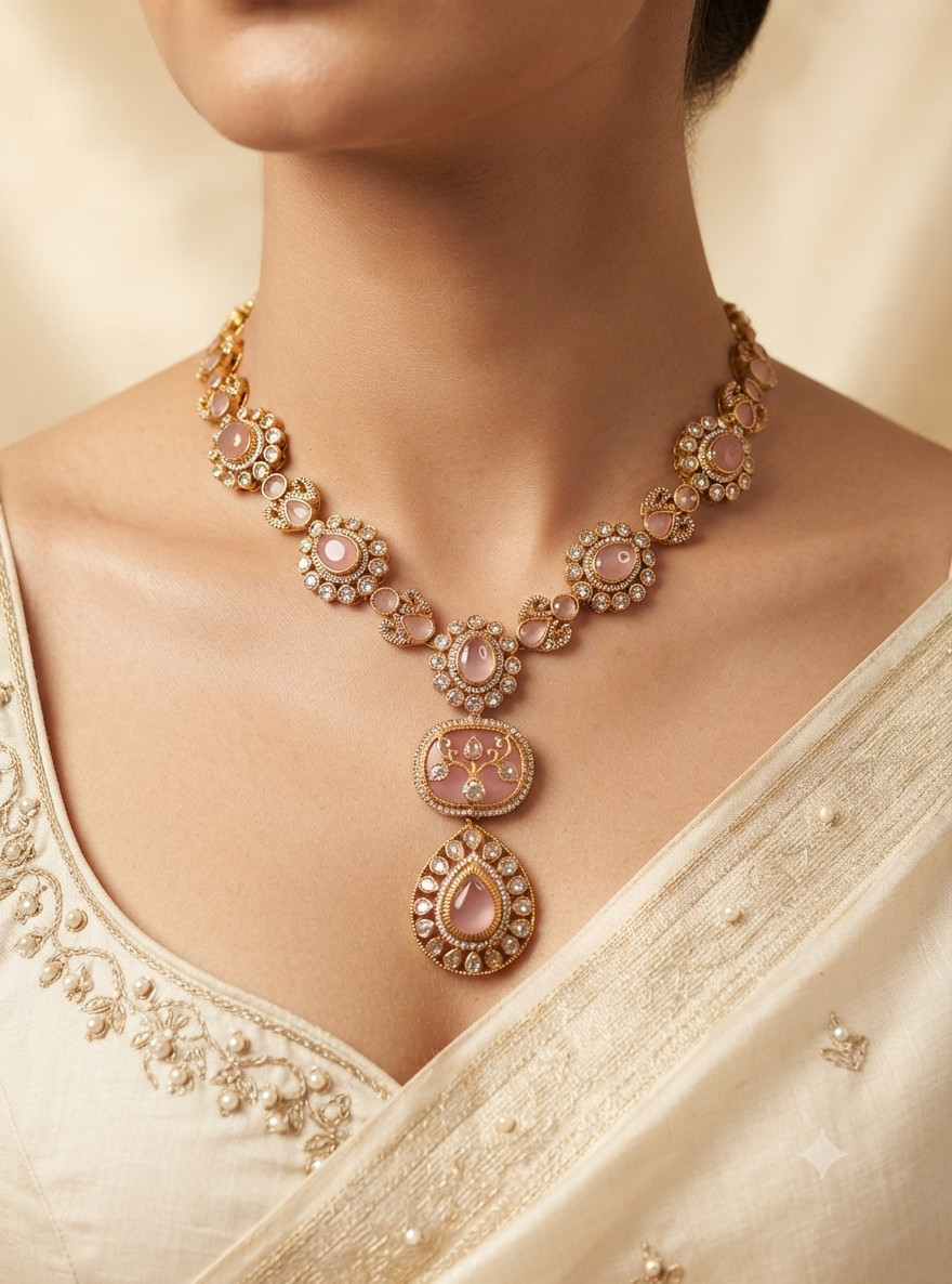 Ruhani Party Wear Blush Pink Kundan Necklace Set Roz Jewellers.