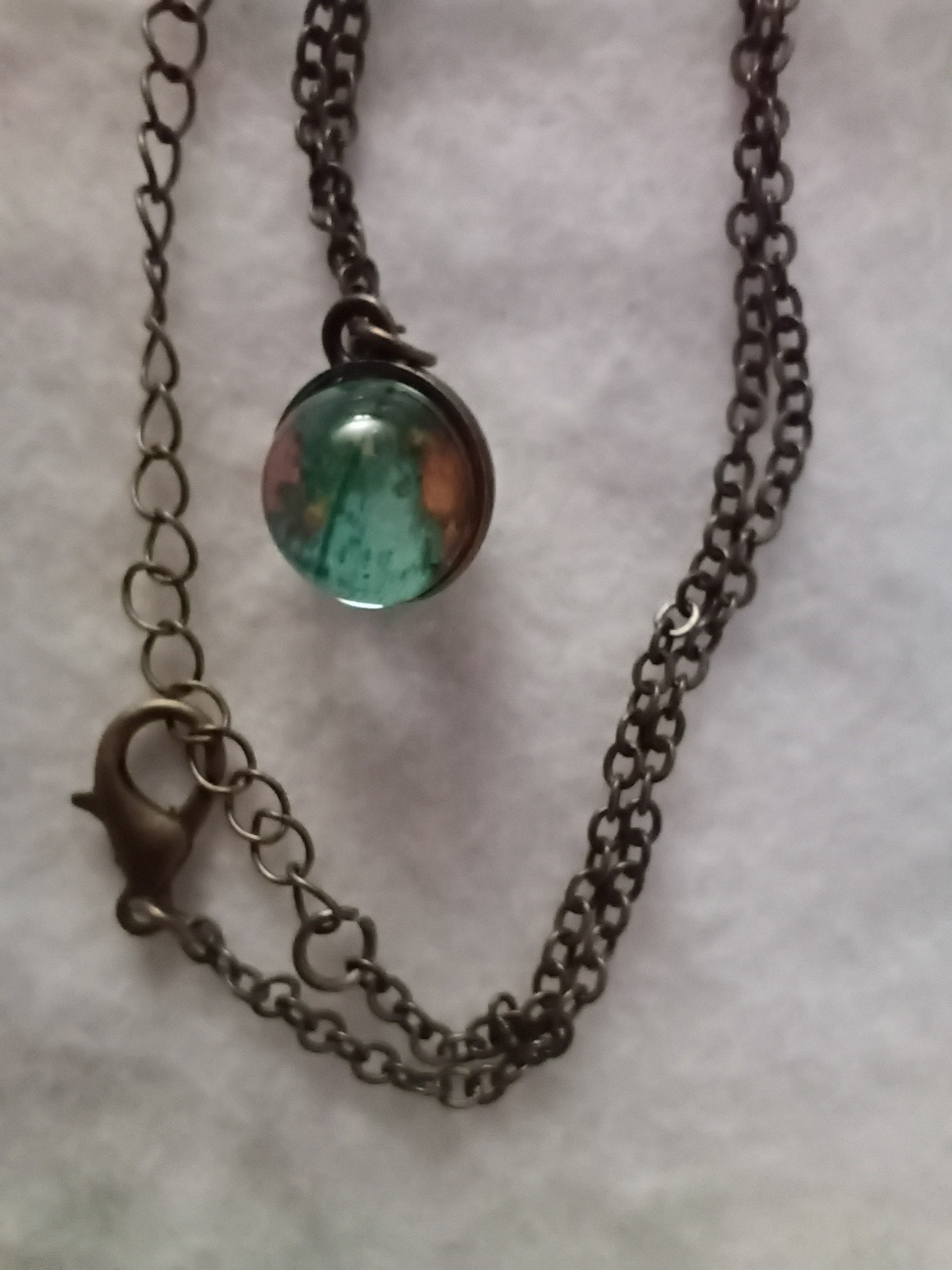 Bronze Tone Adjustable Cable Chain Necklace Green Round Glass Charm Pendant