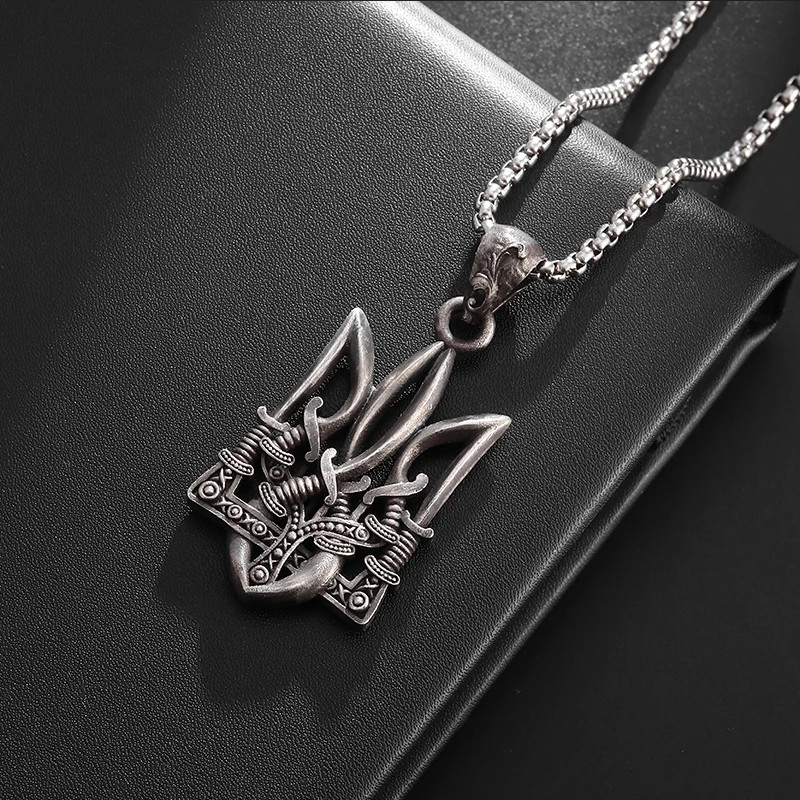 Coat Of Arms Of Ukraine Trident Sword Tryzub Jewelry Silver Pendant Necklace