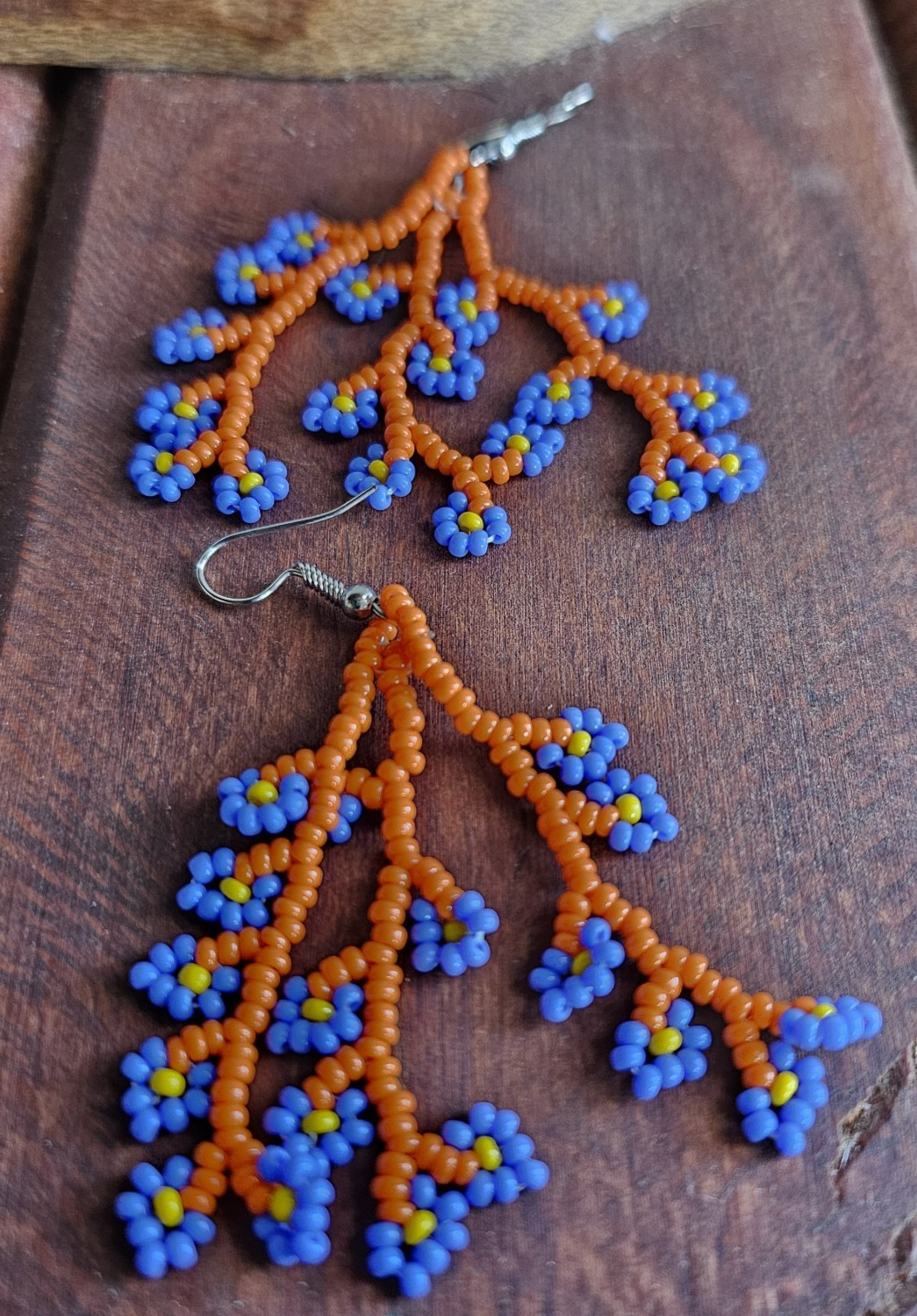 African-Beaded Branch Flower Earrings- Handmade in Kenya- New- Blue/ Orange