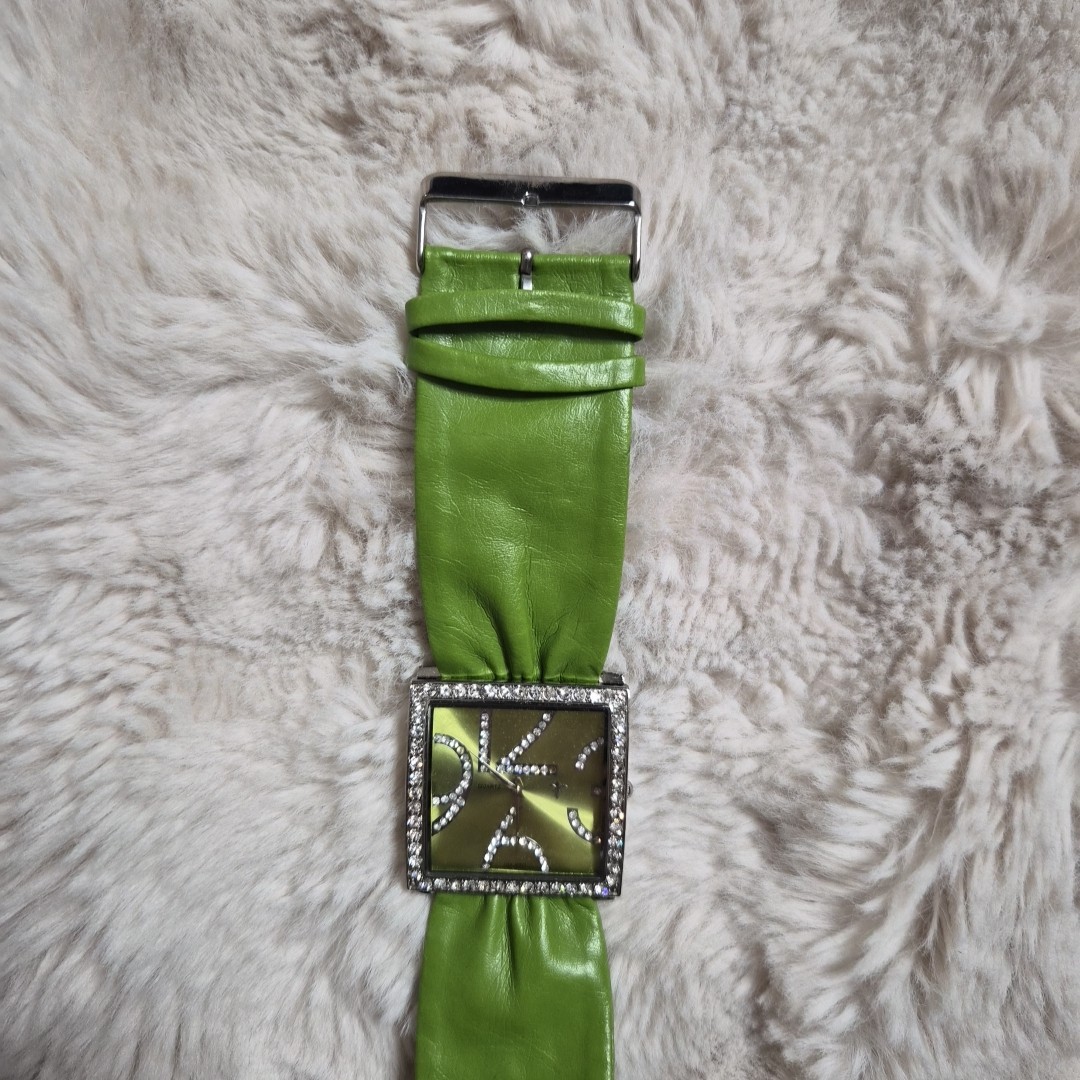 Vintage Y2K Watch Large Green Faux Leather Fabric Band Unique Rare Rhinestone