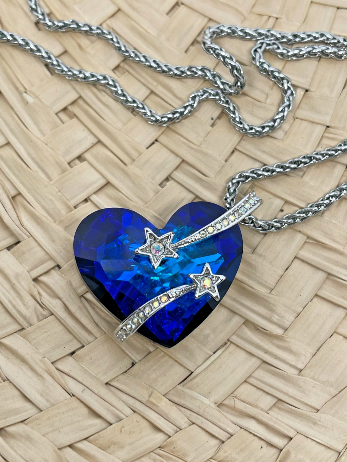Qianse Swarovski Blue Heart OCEAN “Love U TO MOON & BACK” Necklace SHOOTING STAR