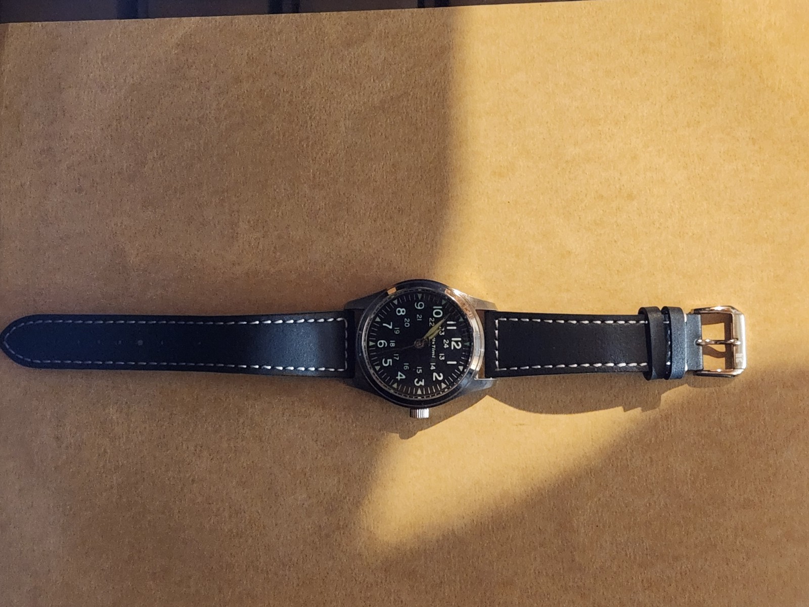 TJBSTimi Quartz Analog Black Dial 12/24hr Lume Silver Steel Leather Strap 3ATM
