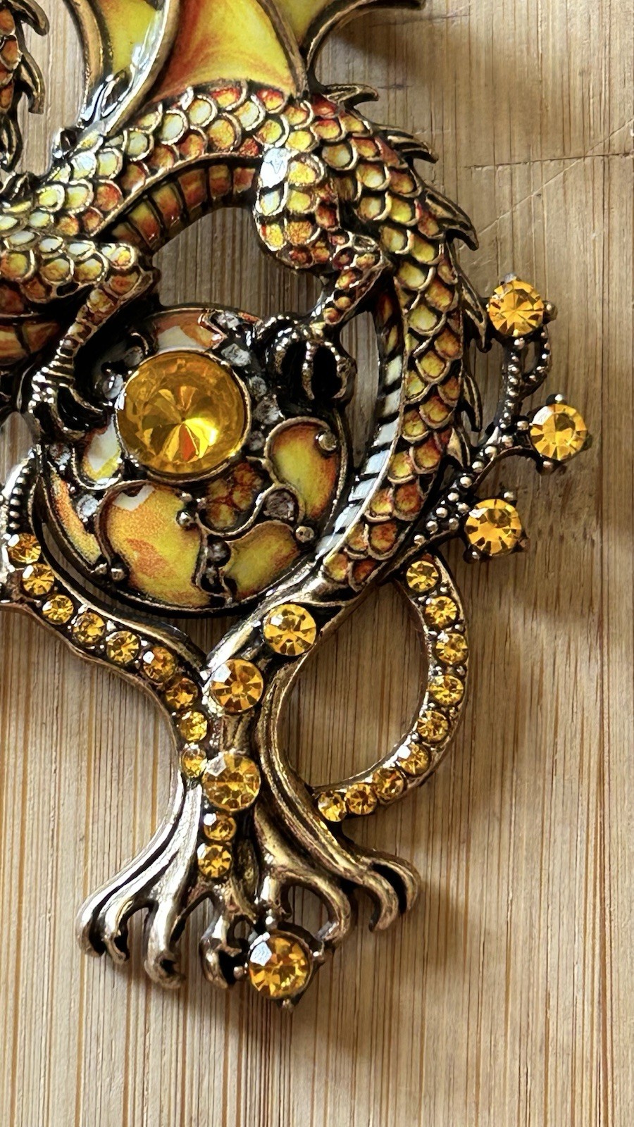 Yellow Crystal Enamel Dragon Magical Crystal Fashion Women Charm Brooch Pin 3.2”