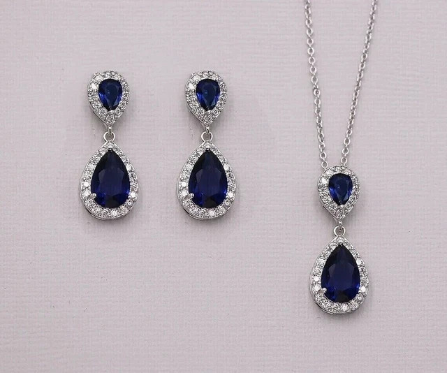 Lab Created Blue Sapphire 5CT Pear Cut Women’s Pendent Set 14K White Gold Plated