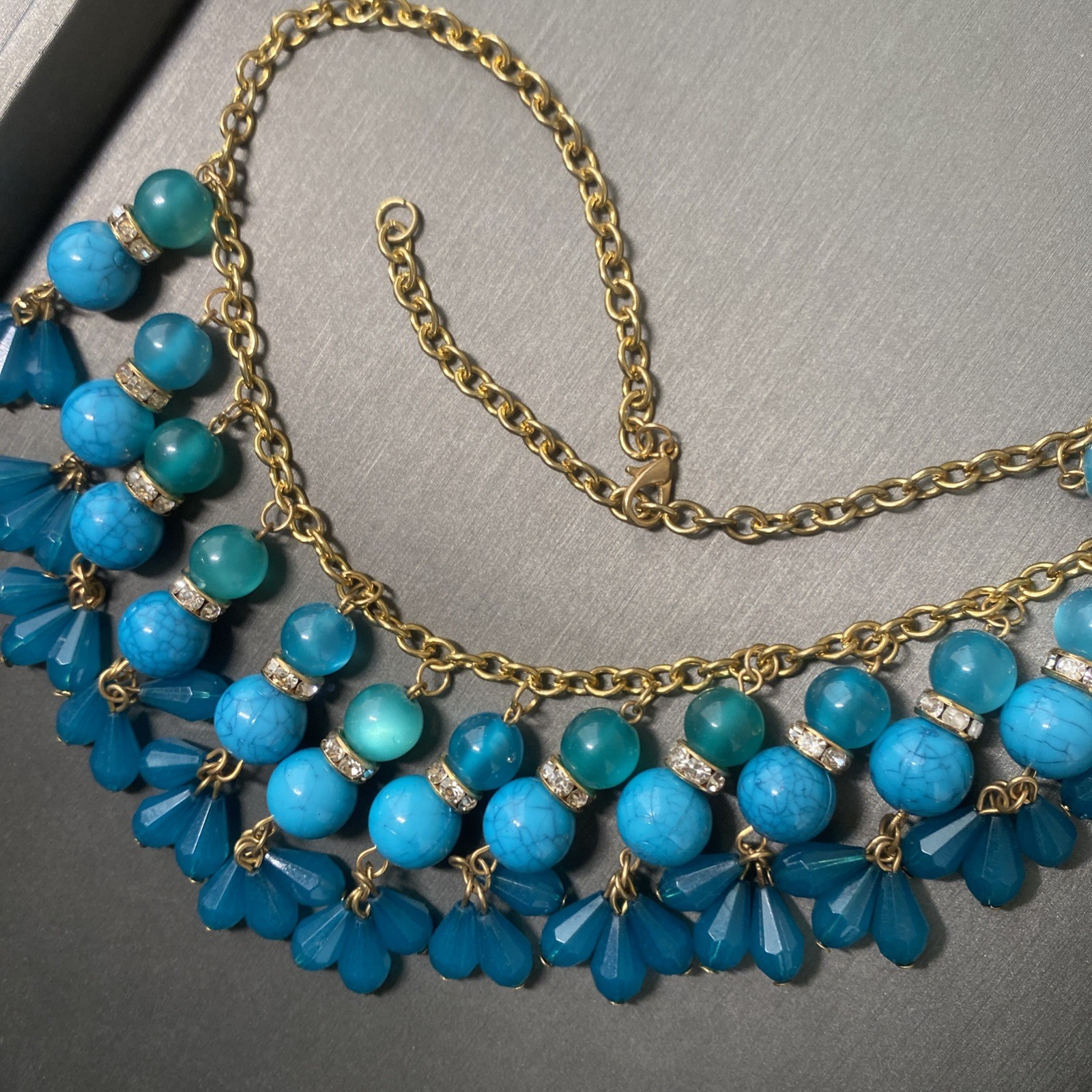 Vintage Blue Turquoise Lucite Bead Choker Necklace Statement Estate Jewelry