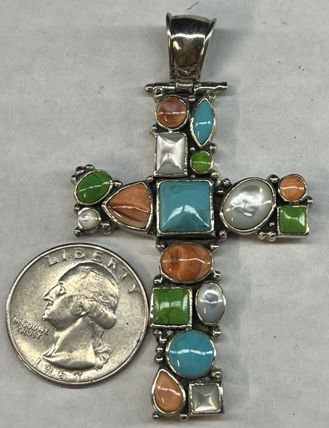 925 Sterling Silver Multi Colored Stones Cluster Cross Pendant Large 2.75″