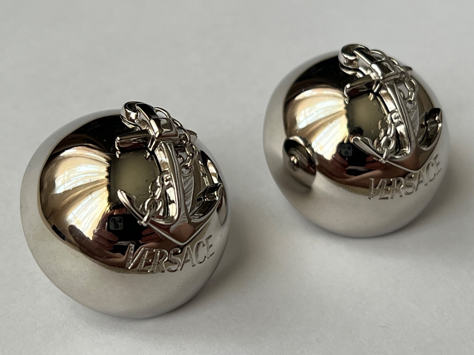NIB Versace Nautical Anchor Logo Large Silver Sphere Round Ball Earrings $975