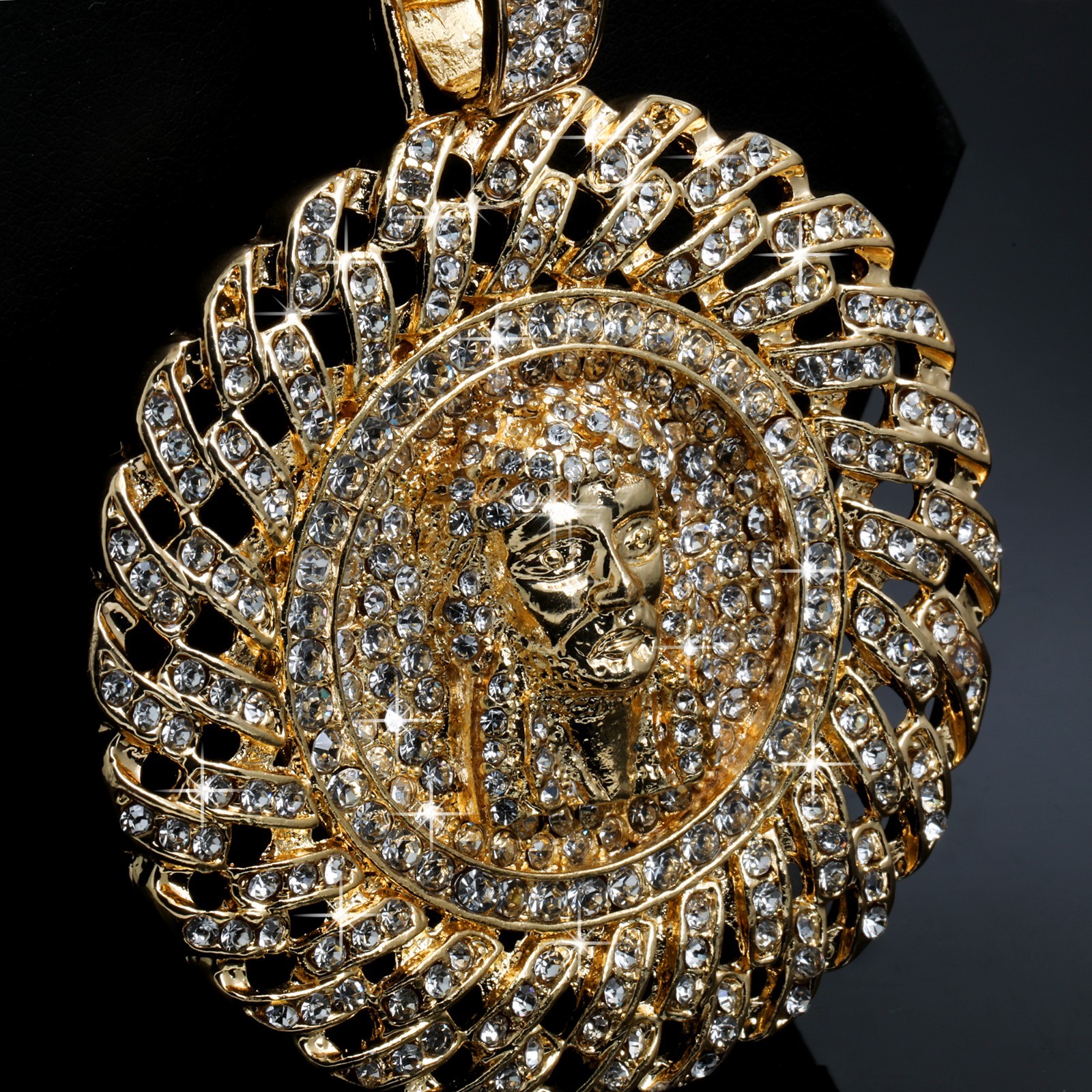 Round Cuban Jesus Face Cubic Zirconia Fully Iced Pendant 10mm Chain Gold Plated