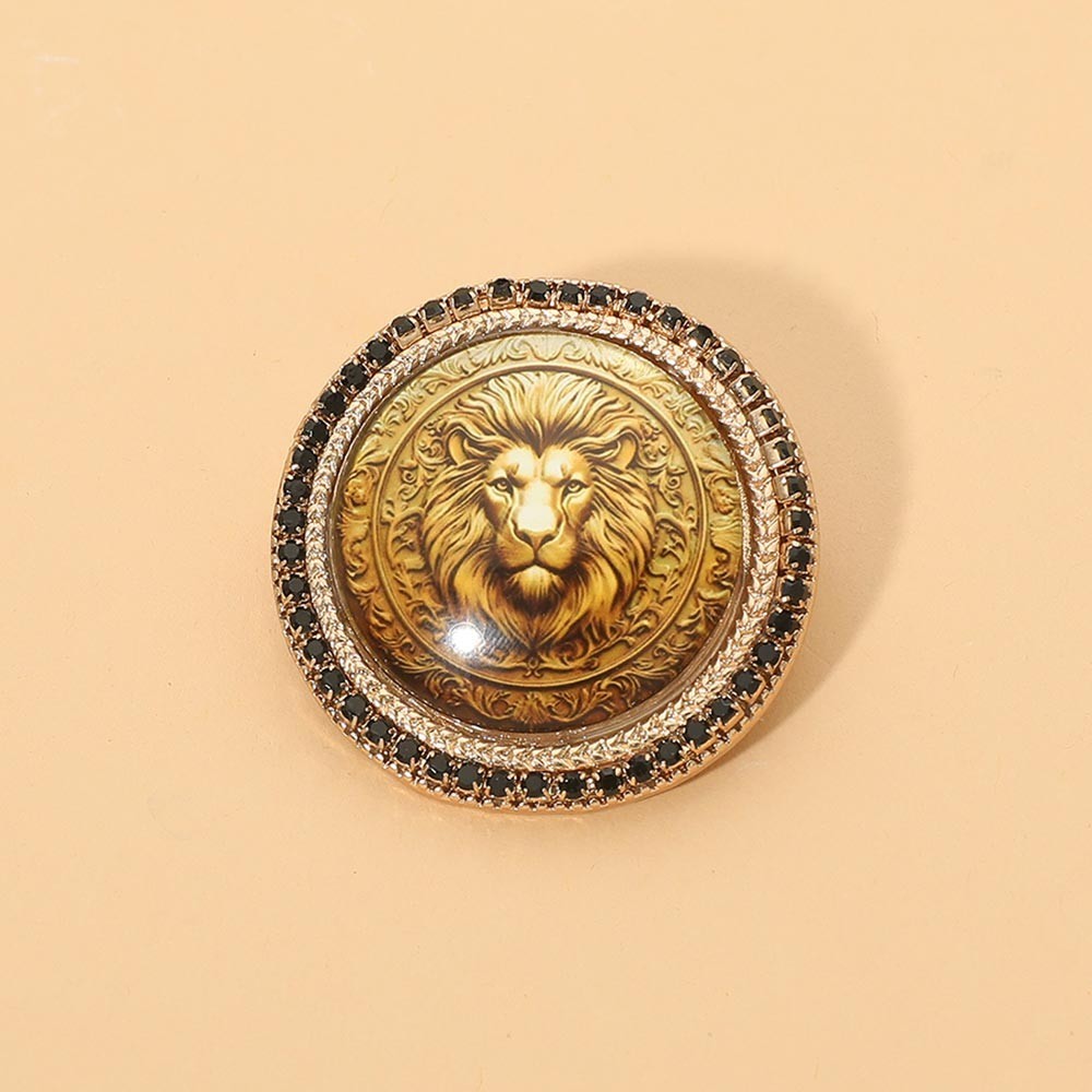 2PCS Lion Medallion Pin Brooch Gold Tone Black Rhinestone Lapel Jacket Scarf