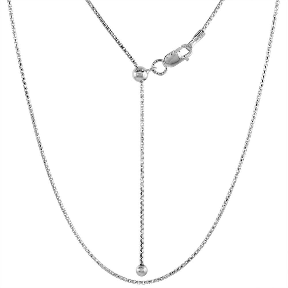 925 Sterling Silver Adjustable Round Box Chain Necklace Women 0.9mm 24 Inch Long