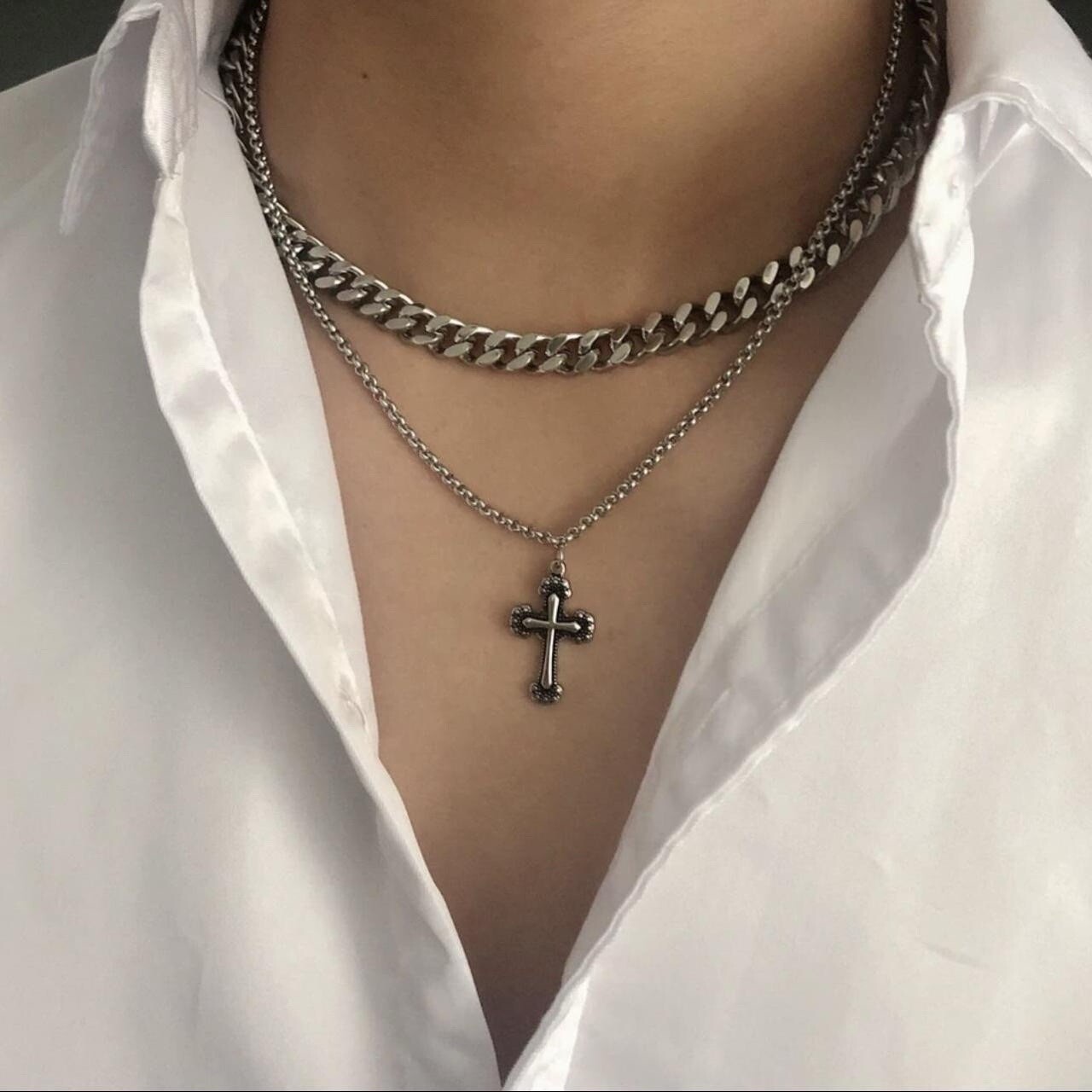 Mens Double Layer Cross Necklace Stainless Steel Chain Hip Hop Unisex Women New