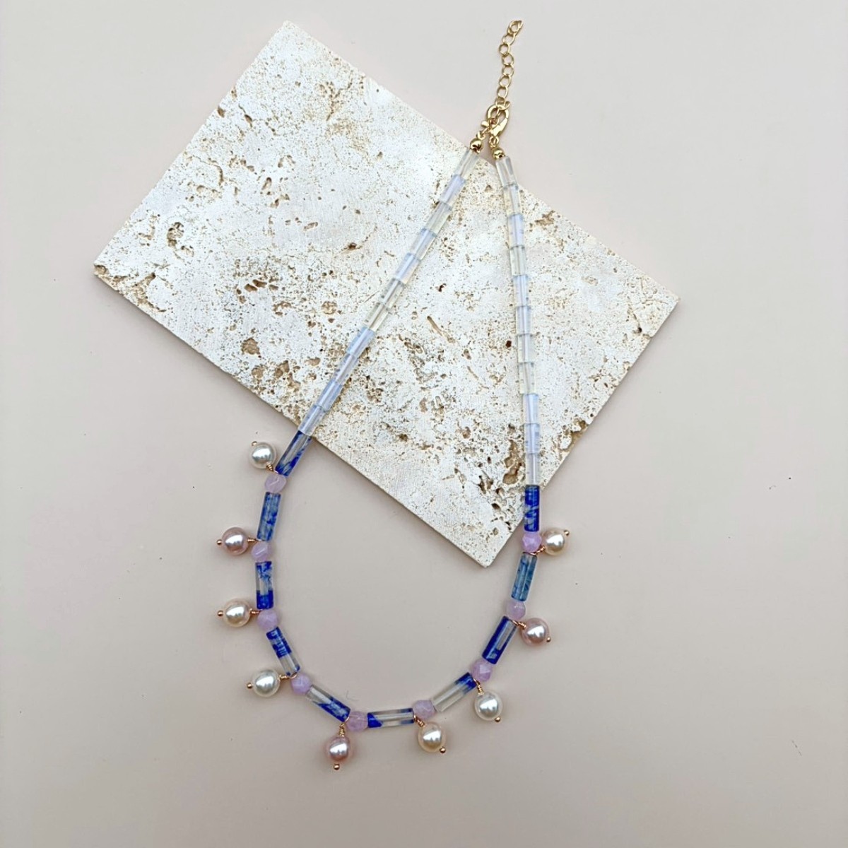 Soft Moon Symphony Necklace | Blue Crystal Quartz Necklace | Pearl Beaded Neckla