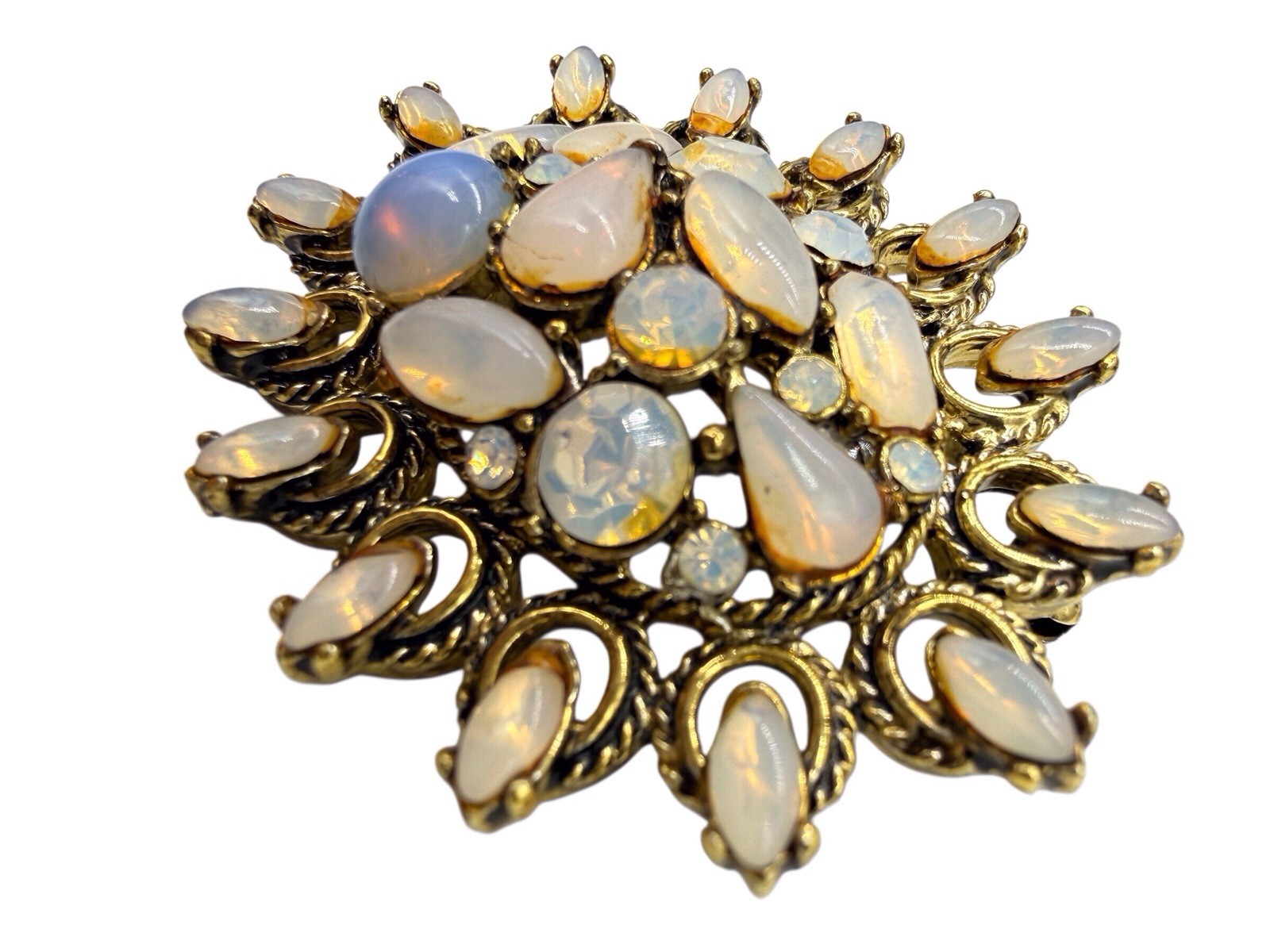 Vtg Hollycraft Set Brooch Dangle Earrings Fiery Opal Rhinestone Gold 50s 60s C