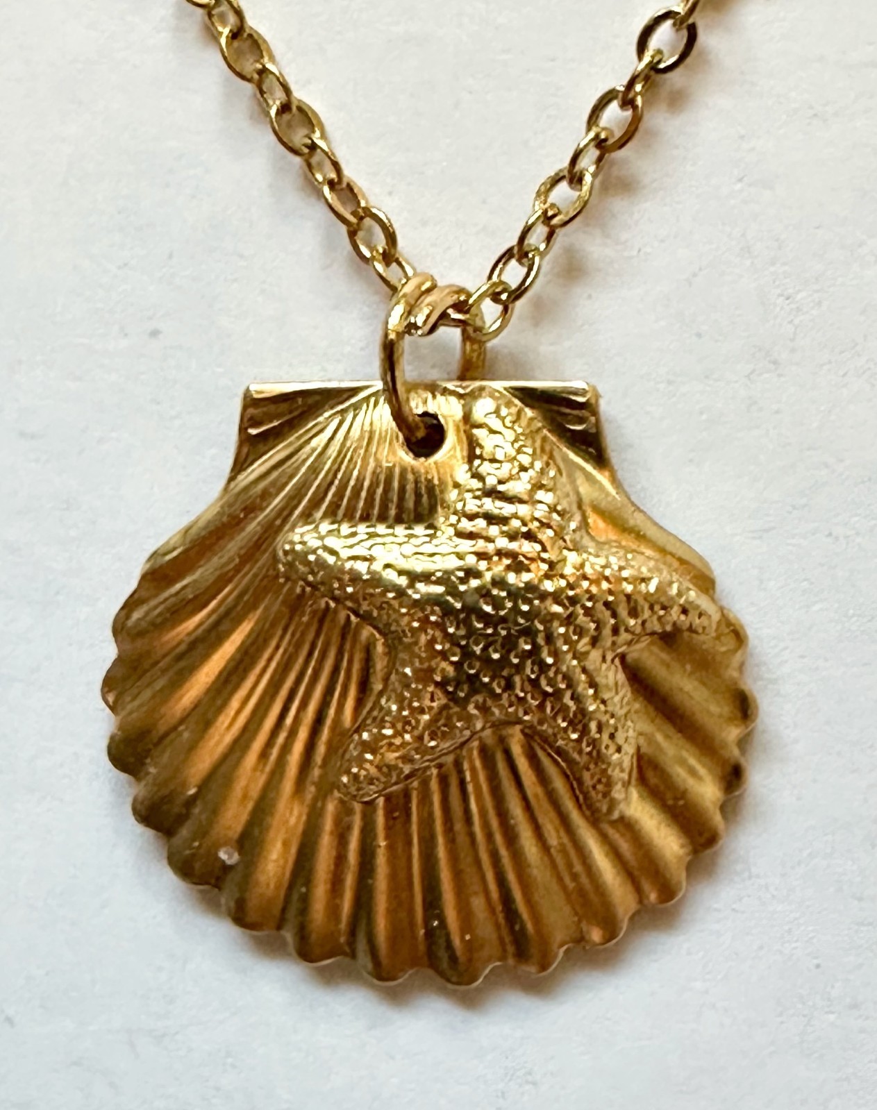 STARFISH STAR FISH ON CLAM SHELL raw brass charm 1″ pendant necklace 18″ gold pl
