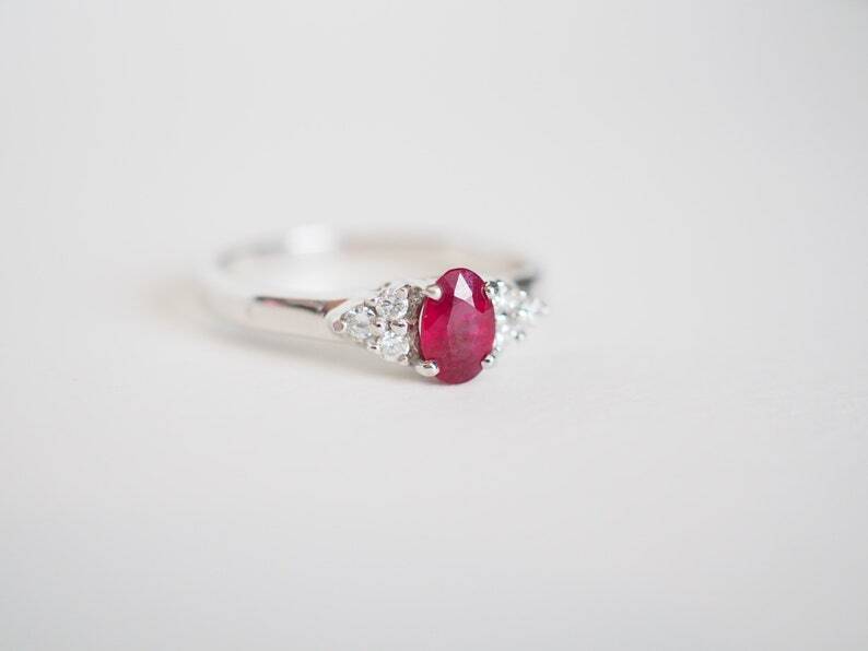 10K Solid White Gold Natural Ruby and Diamonds Solitaire Women Promise Ring