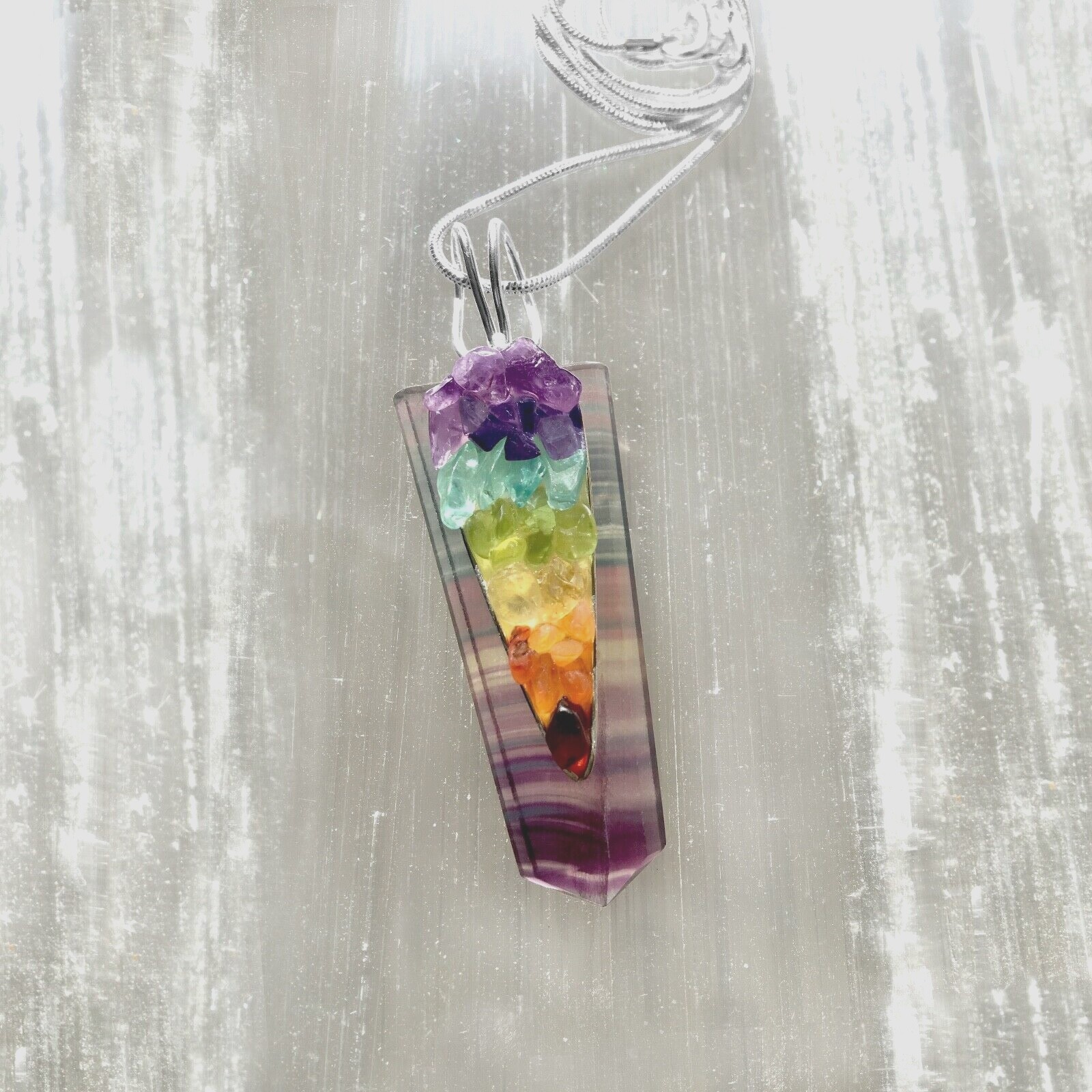 Rainbow FLUORITE Crystal 7 Chakra Pendant CHARGED Sterling Silver Necklace Reiki