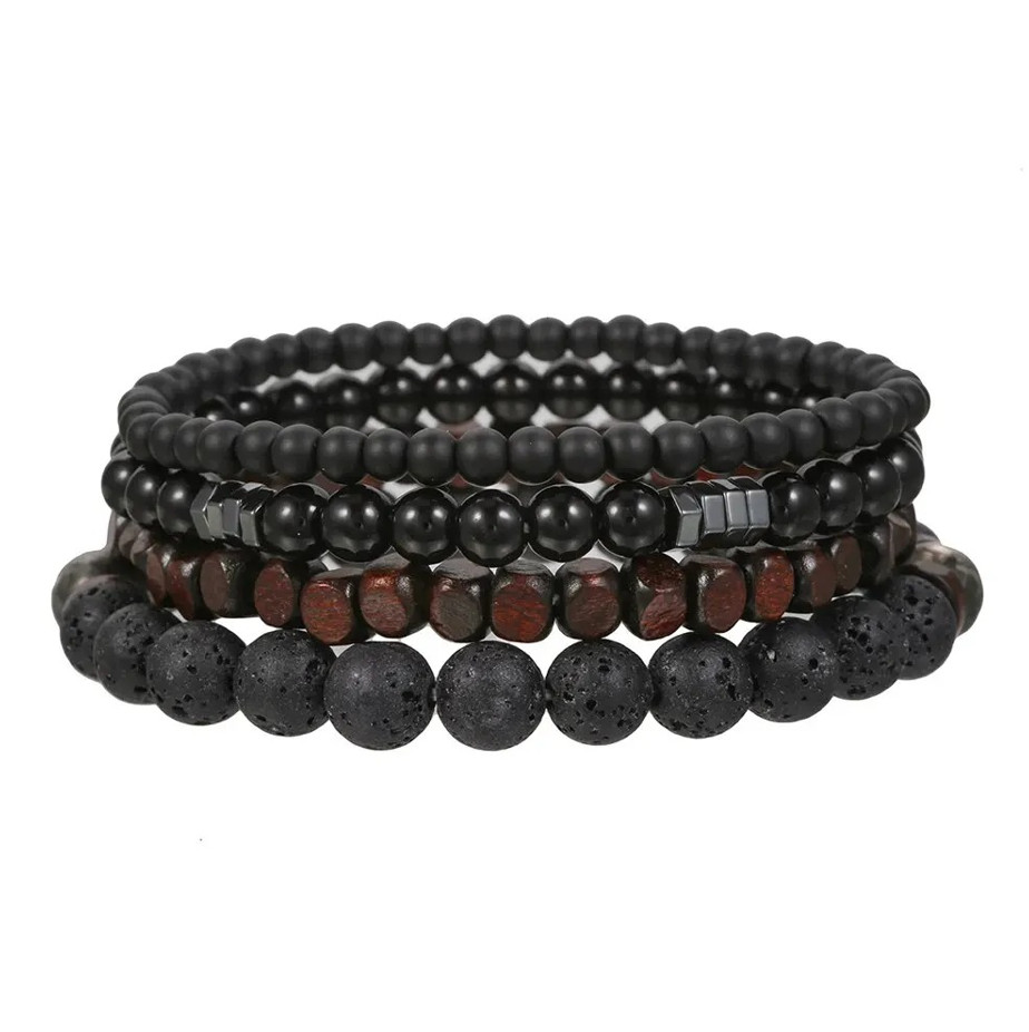 4pcs Black Stone & Wood Bead Elastic Bracelet Set for Men Women NEW