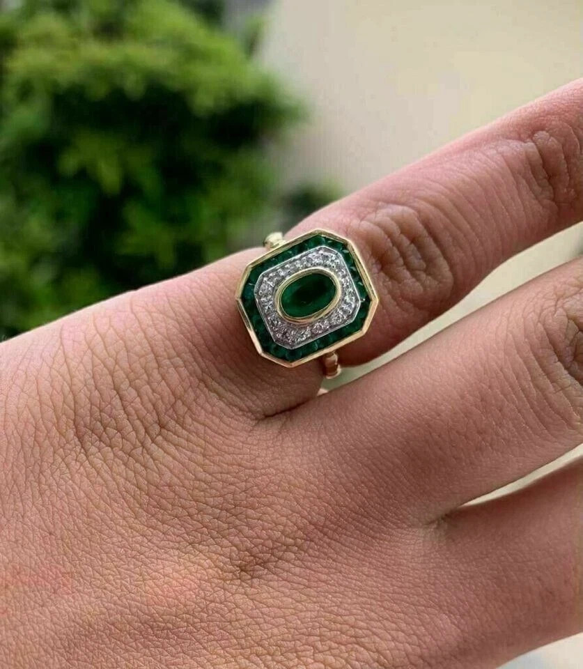 3.00 Ct Oval Cut Natural Emerald & Diamond Wedding Ring 14K Yellow Gold