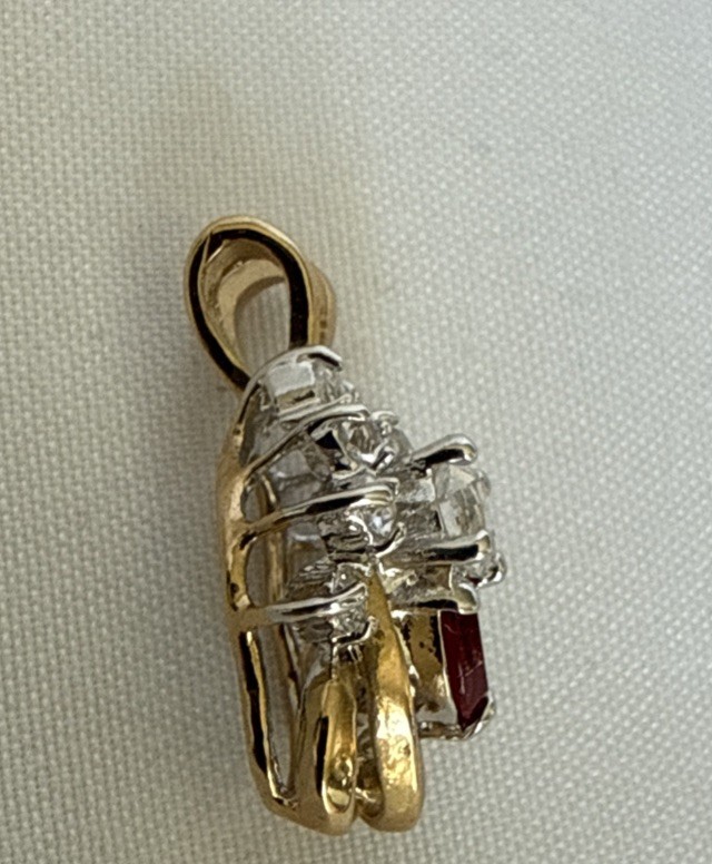 Gold Tone Rhinestone Pendant Red And White Stones 3/4 Inch