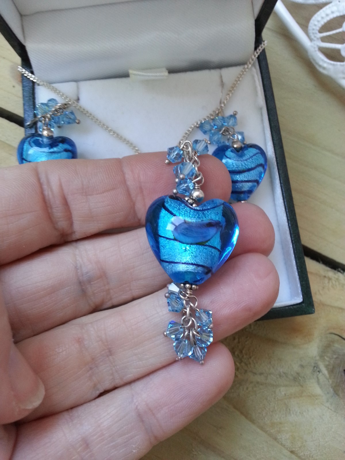 Blue Murano Glass Heart Shape Necklace With Matching Pierced Drop Earrings