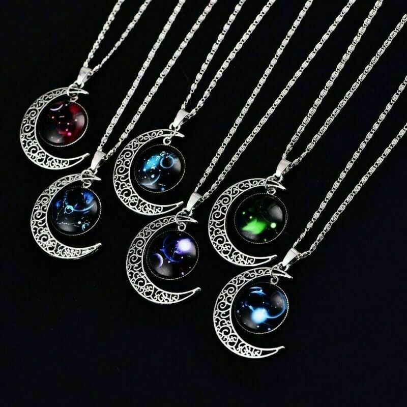 Moon Shaped Zodiac Sign Necklace Horoscope Astrological Pendant with 17″ Chain