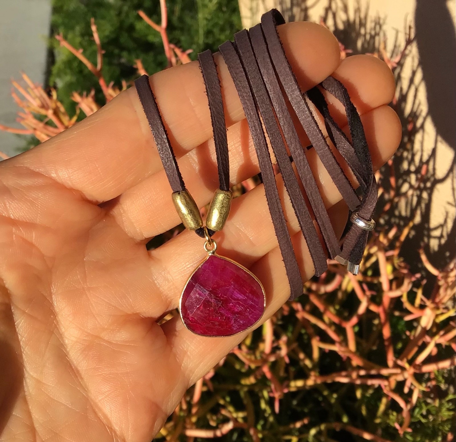 $300 Ruby Sundance Charm Necklace leather suede cord handmade artisan jewelry