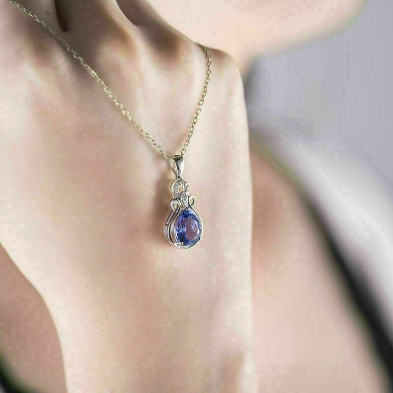 Delicate 2Ct Pear Cut Tanzanite Solitaire Women’s Pendant 14K White Gold Finish