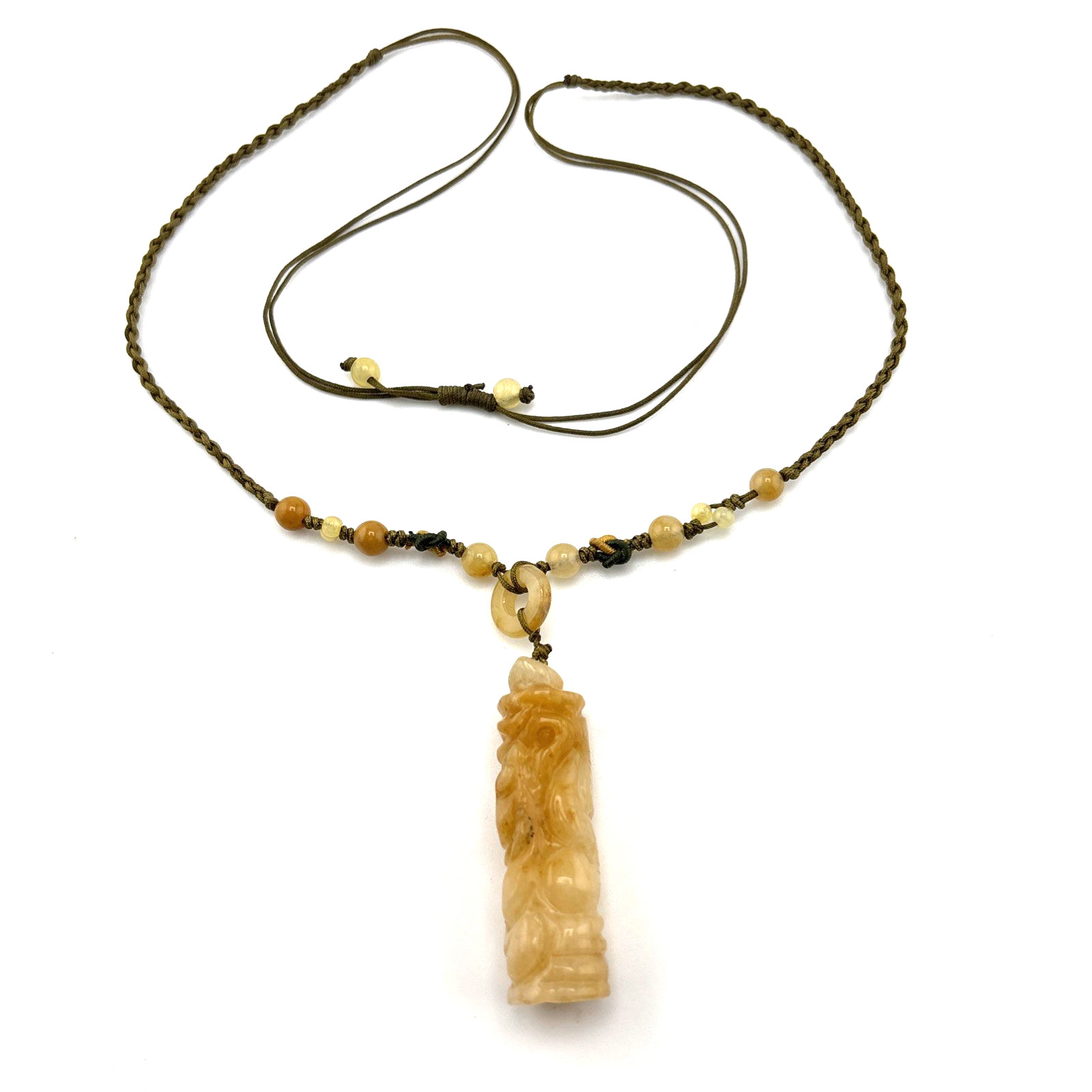 Macrame Genuine Carved Yellow Jadeite Necklace Adjustable Slide Knot 2″ Pendent