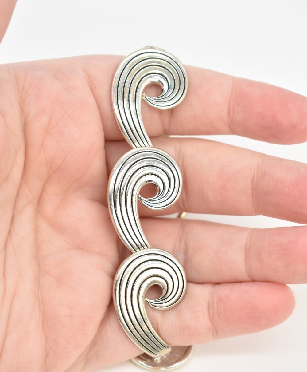 7″ Ocean Waves Antiqued Silver Tone Metal Link Bracelet Fold Over Magnetic Clasp