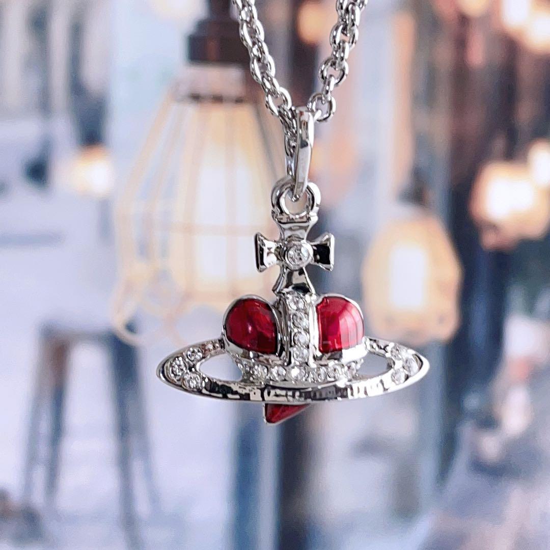 Vivienne Westwood Diamante Heart Necklace Earrings Set Red Silver NO BOX [EJ5009