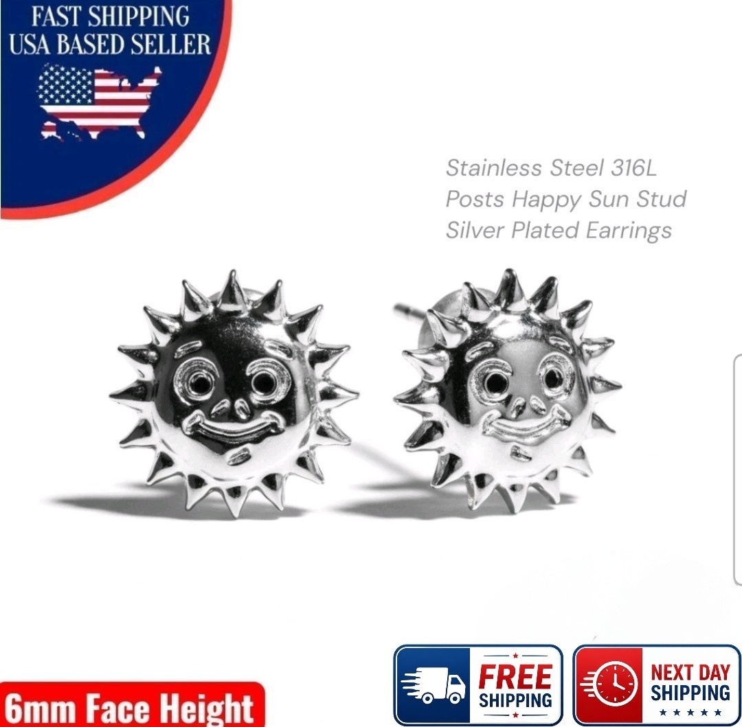 Stainless Steel 316L Posts Happy Sun Stud Silver Plated Earrings Hypoallergenic