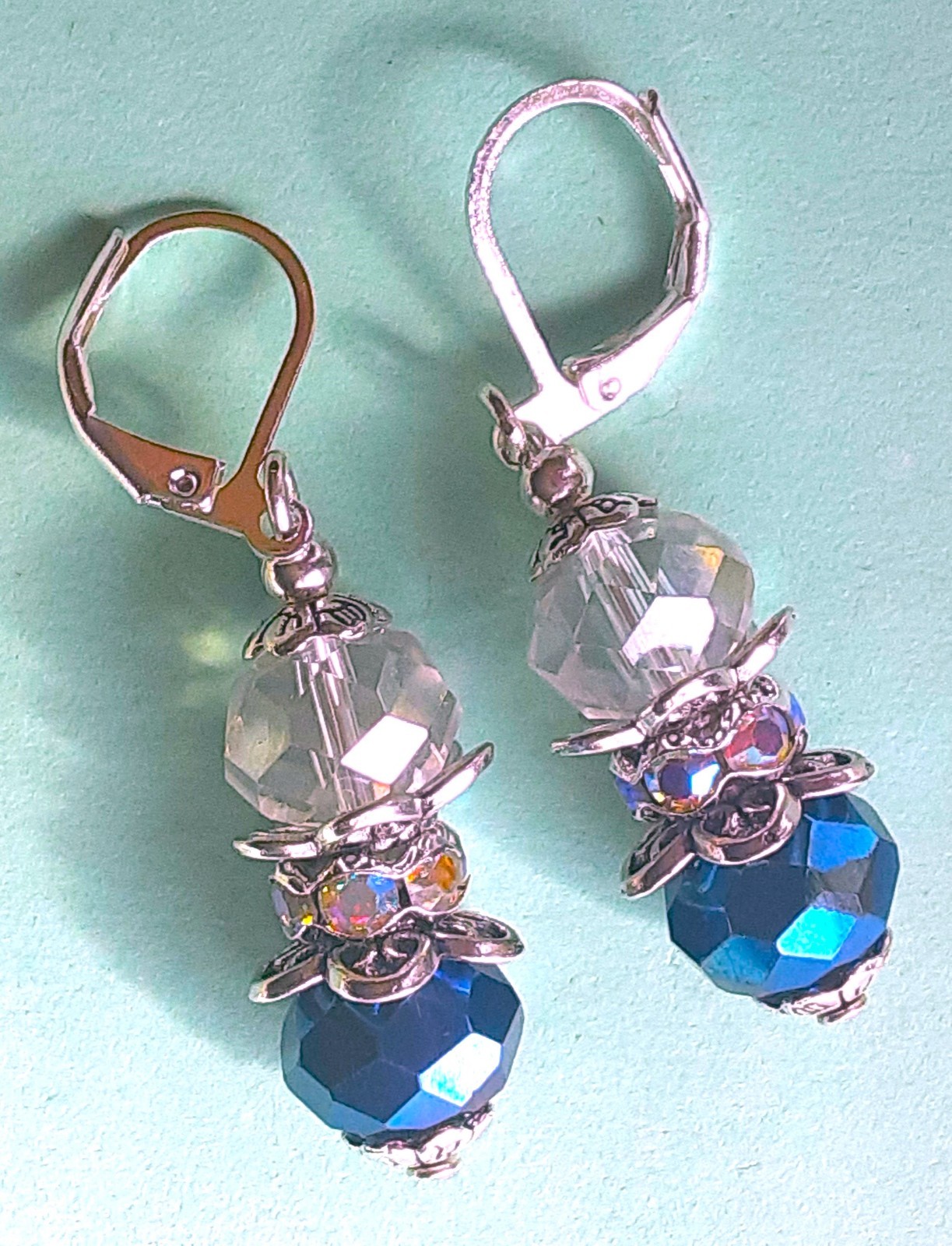 NAVY & CLEAR Faceted CRYSTALS AB CRYSTAL RING earring SP LEVERBACK artisan #N25