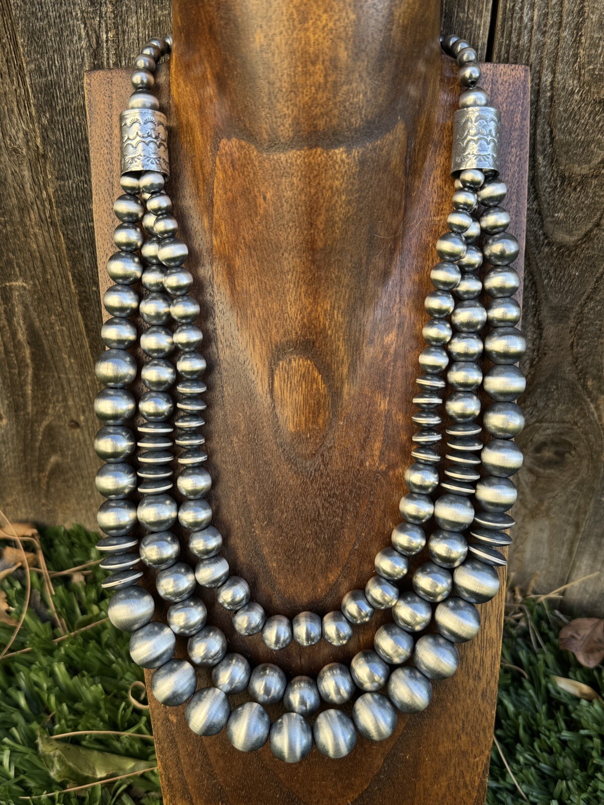 Sterling Silver Layered Multi Strand Pearls Bead Necklace 22 Inch “Navajo Style”