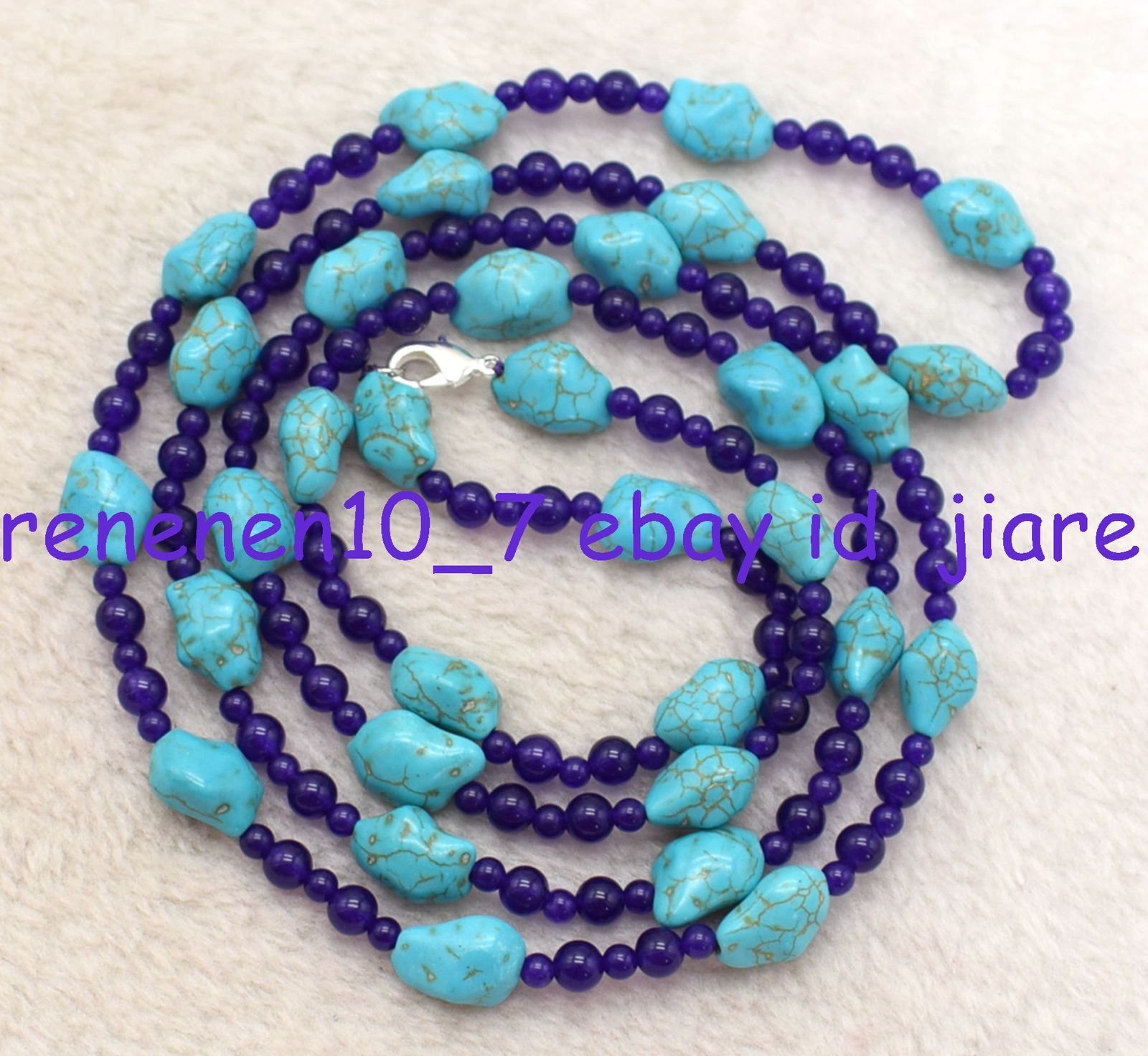Natural 10x14mm Irregular Blue Turquoise &amethyst Bead Necklace 48in AAA