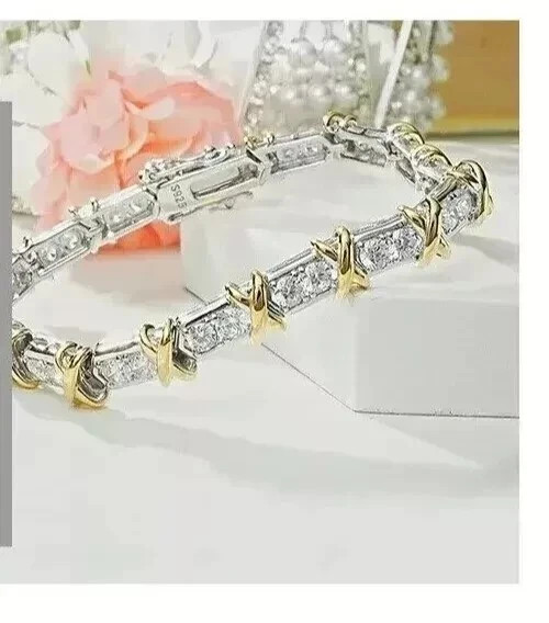 9Ct Round Cut White Moissanite Women’s Tennis Bracelet 14k Two Tone Gold Plated