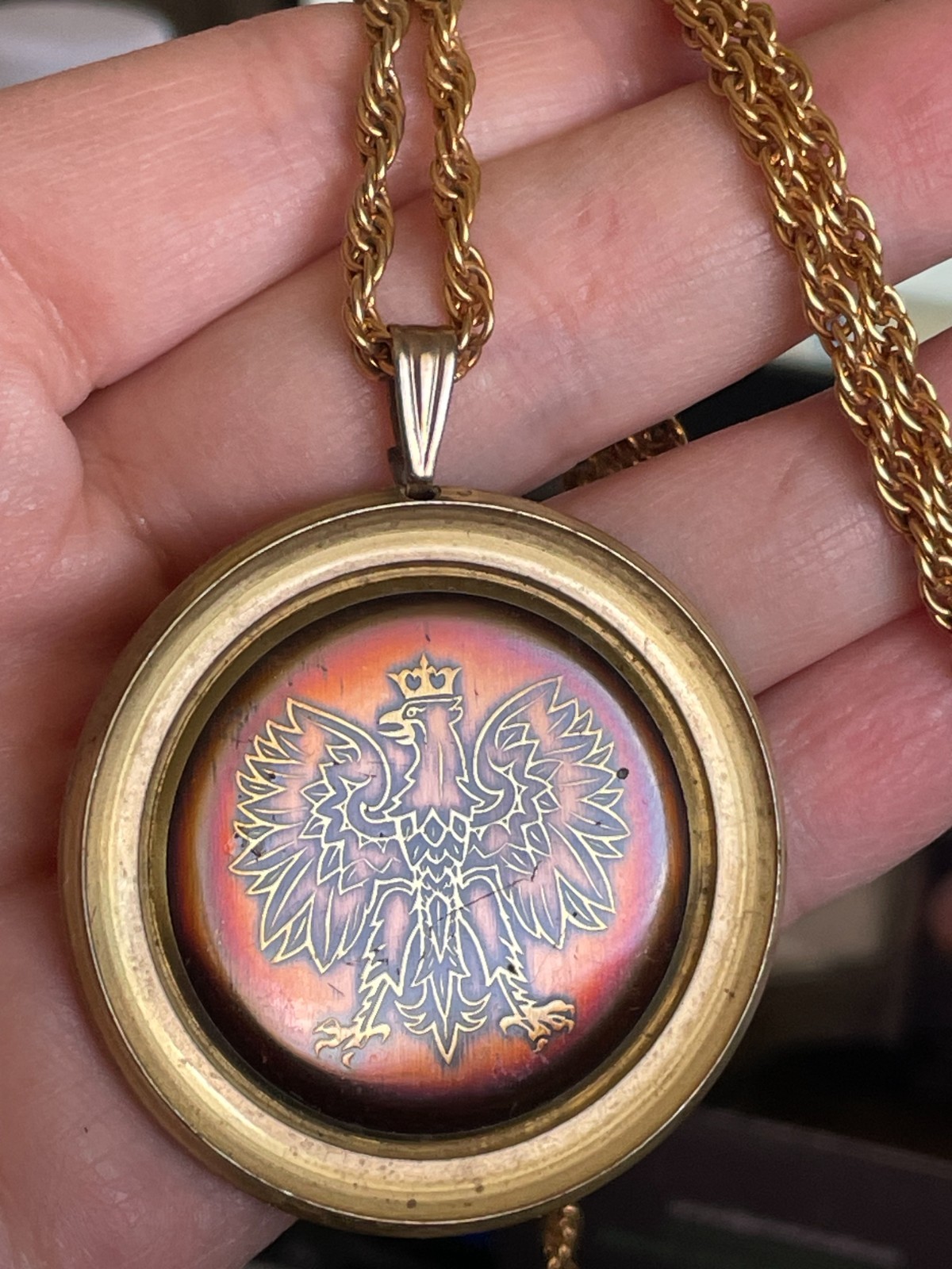 CROWNED POLISH EAGLE Vintage 1.75″ Brass Pendant on 24″ Chain Necklace, Poland