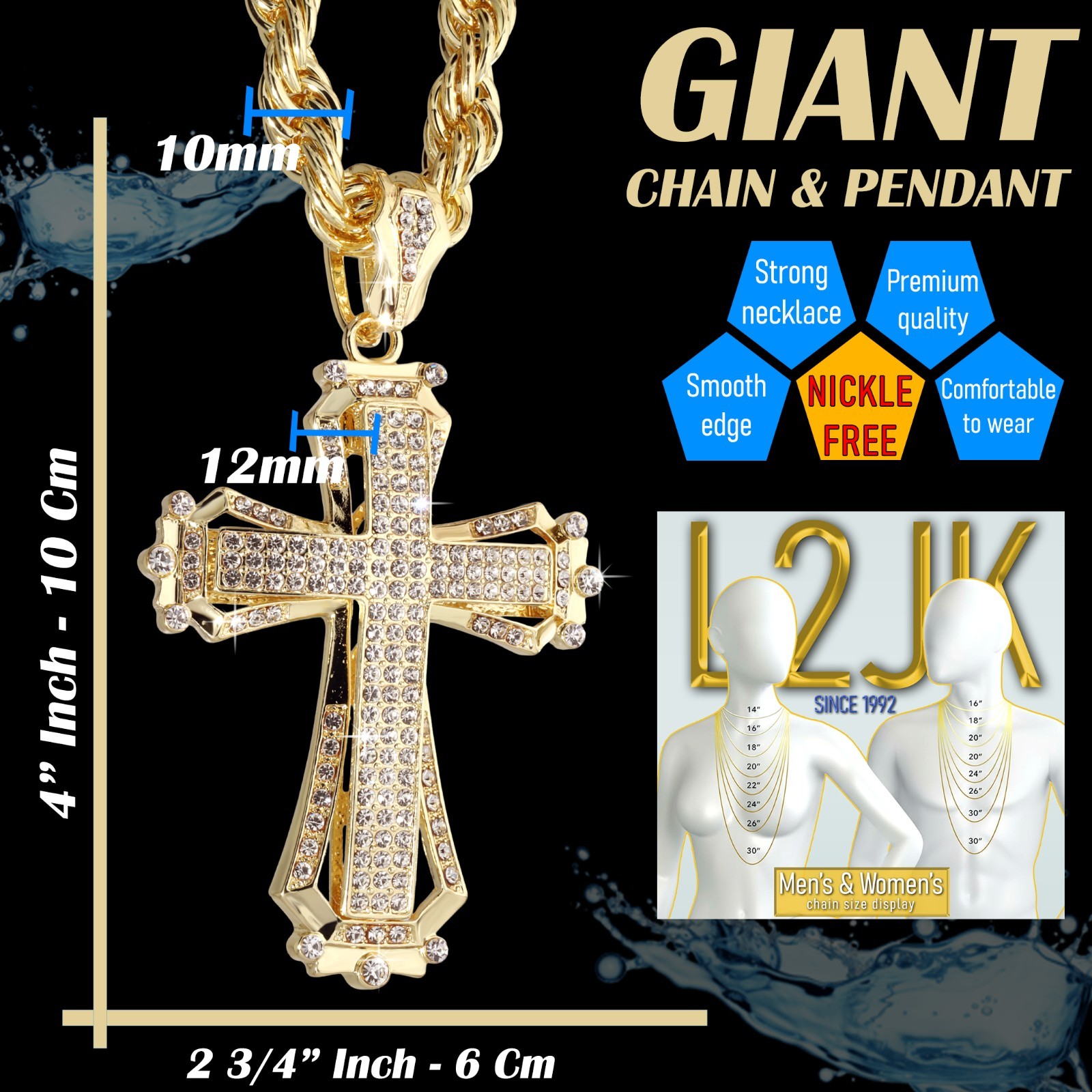 14K Rope Chain 10mm 20″ & 24″In | Large Hollow Cross Gold Plated Hip Hop Style