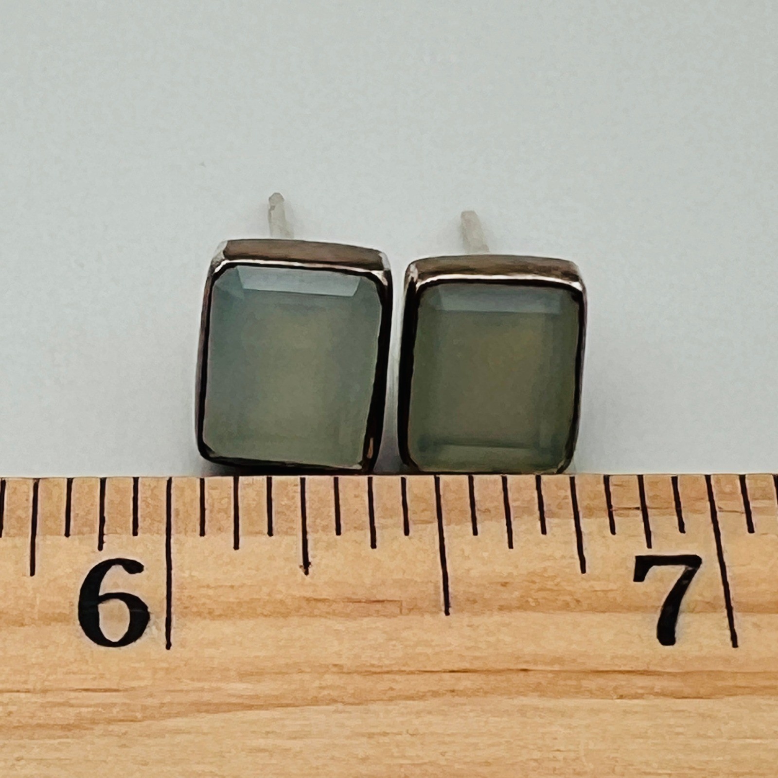 Silver Tone Stud Earrings Rectangle Blue Glass Modern Minimal Jewelry