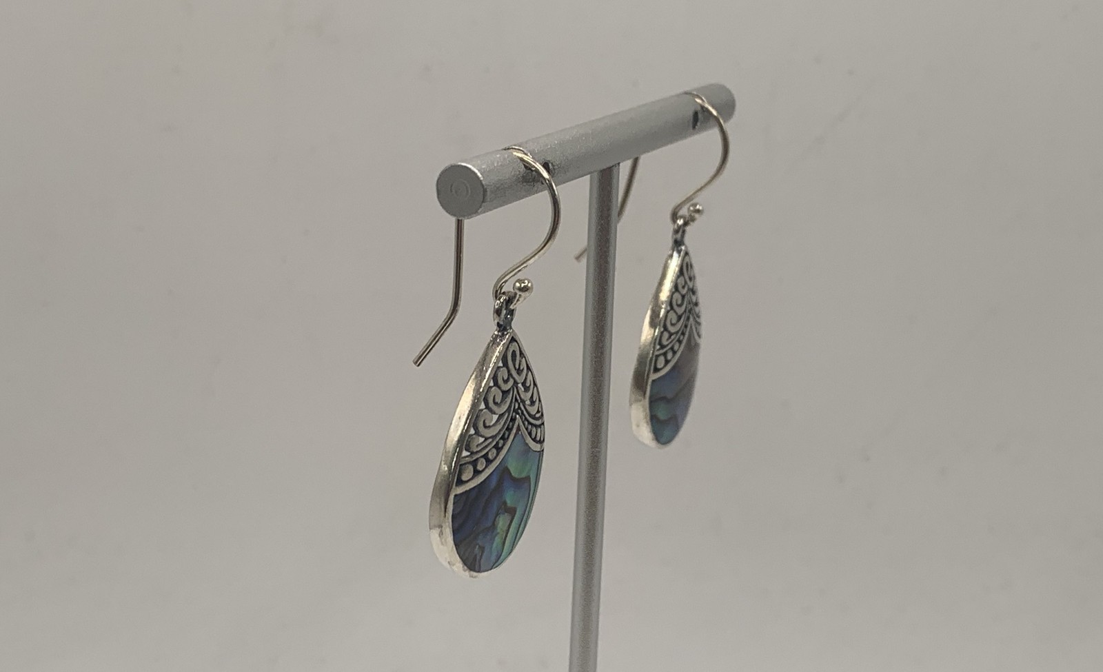 Sterling Silver 925 Abalone Shell Filigree Teardrop Dangle Earrings 5.4g