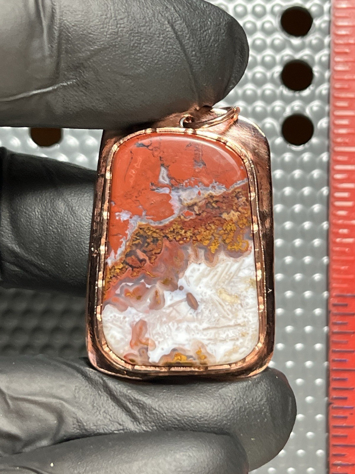 Red And White Moroccan Agate Hand Formed In Copper. Pendant Number 159