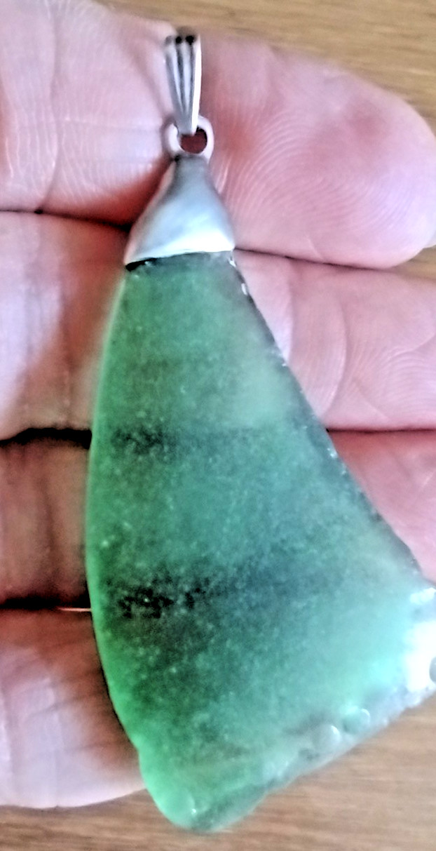 Vintage 1970s Large Sterling Silver Green Sea Beach Glass Boho Pendant 2-1/4″