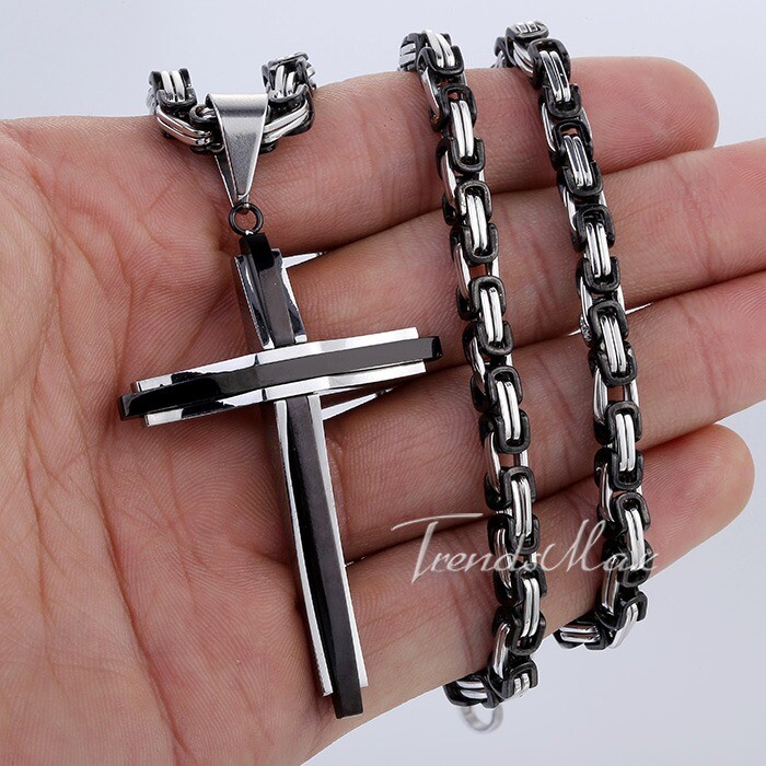 18-30″ Men Boys Black Stainless Steel Cross Pendant Necklace Byzantine Box Chain