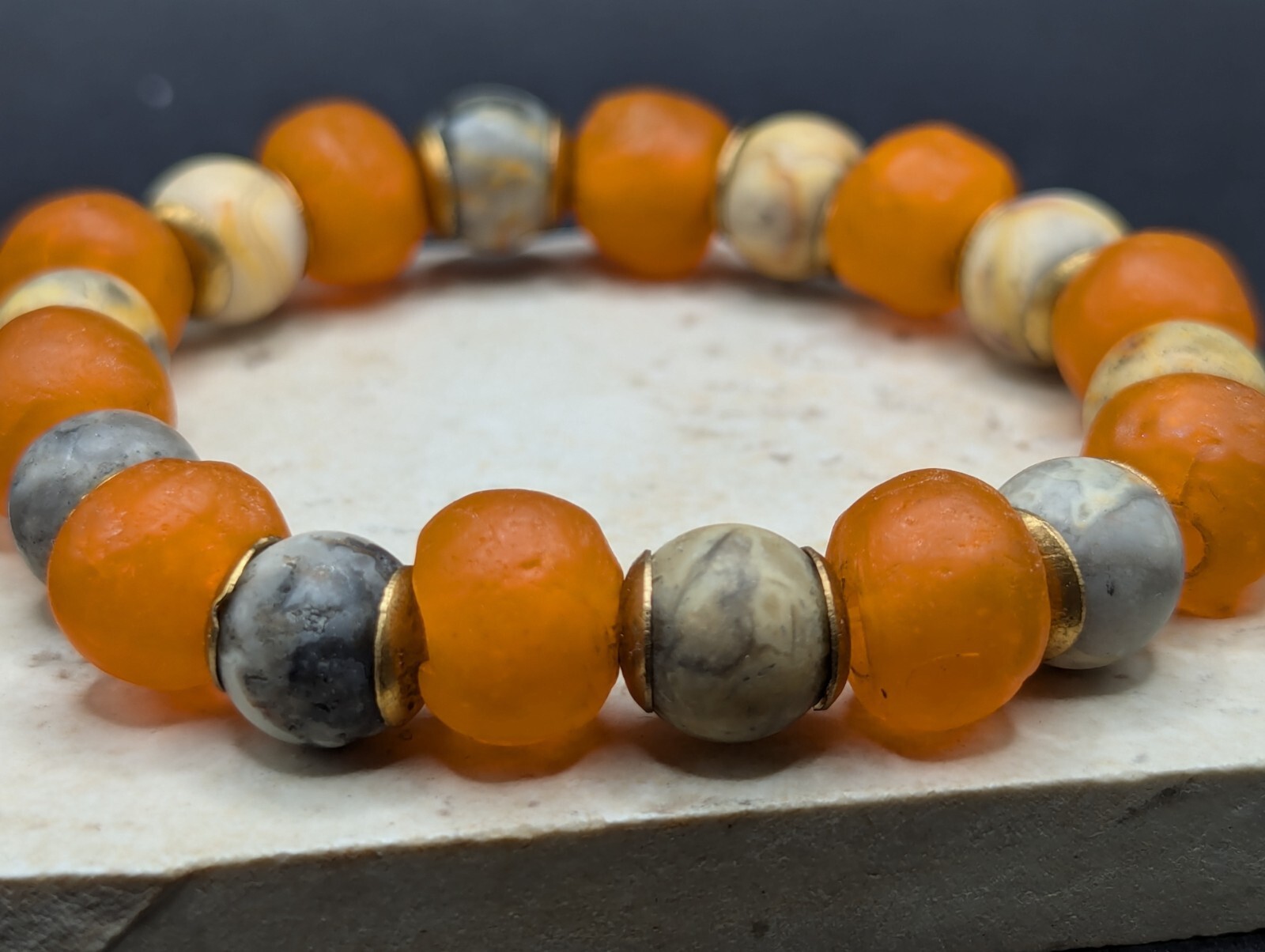 Chunky Orange glass, natural stone beaded stretch Bracelet (16cm) small wrist
