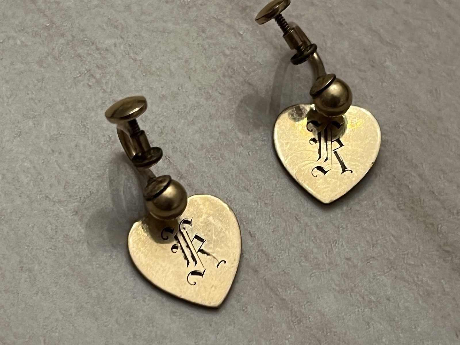 VTG 1/20 10K GF & 1/20 12K GF Monogrammed Heart Dangle Screw Back Earrings