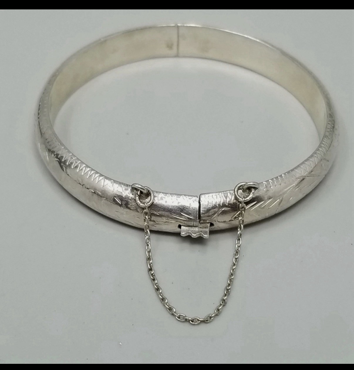 Sterling Silver 925 Hinged Bangle Bracelet, Engraved, Safety Chain Cable