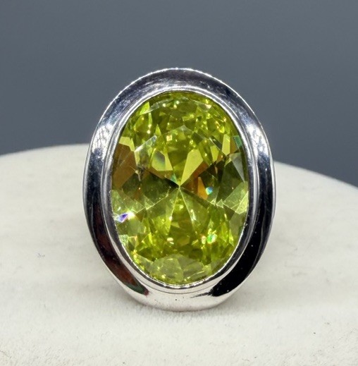 Sterling Silver Large Lime Green Yellow Faceted Crystal Statement Ring Sz 5.75