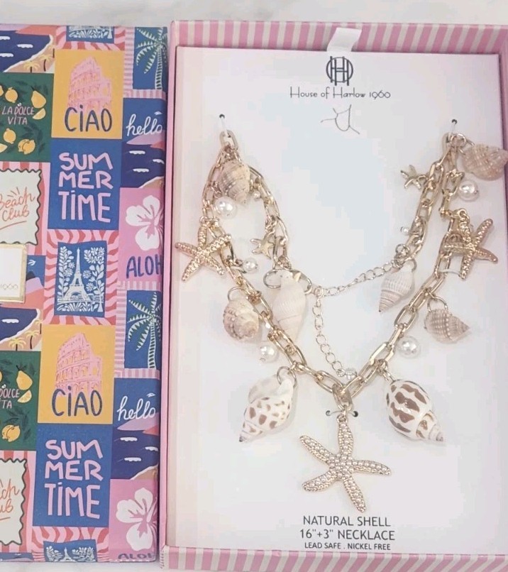 NIB! Chic House of Harlow 1960 Natural Shell Starfish Charm Necklace 16″ + 3″