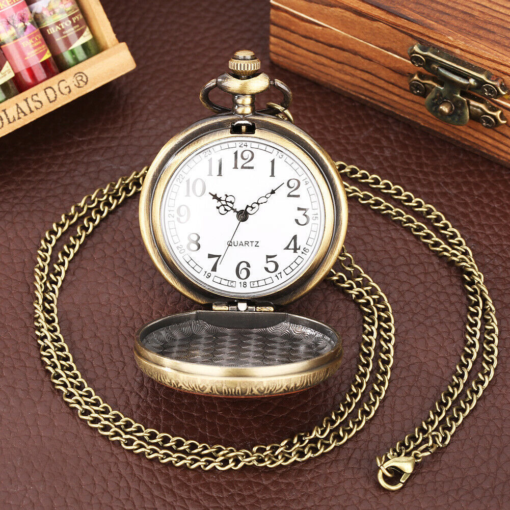 Bronze Nature Wood Alloy Case Men Women Quartz Pocket Watch Necklace Pendant